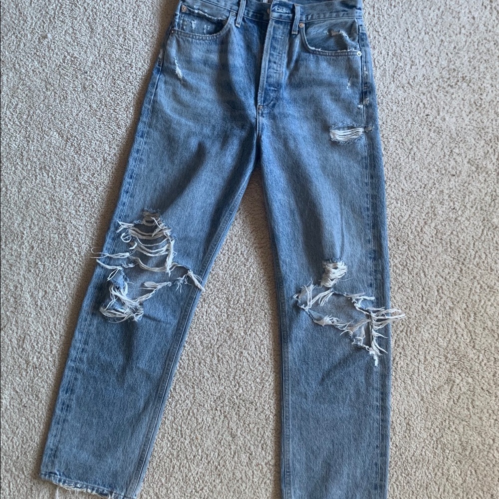 Agolde Distressed Light Blue Mom Jeans
